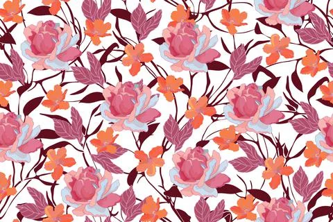Art floral vector seamless pattern. Pink, orange color flowers Stock Illustration