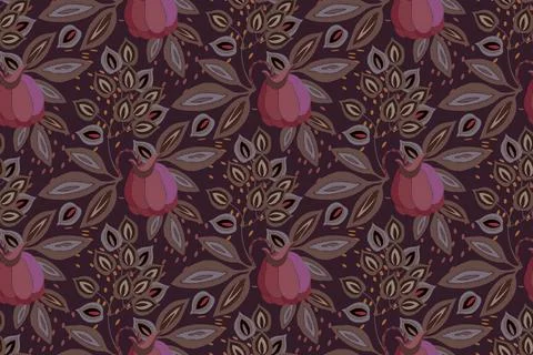 Art floral vector seamless pattern. Fabulous flowers, fruits and leaves Stock Illustration