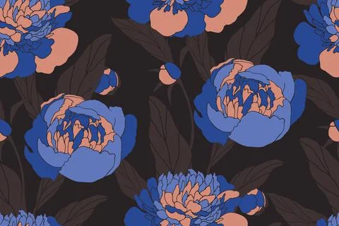 Art floral vector seamless pattern. Blue peonies. Stock Illustration