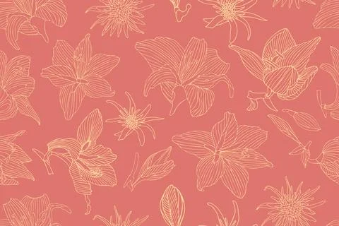 Art floral vector seamless pattern. Light hippeastrum and tragopogon flowers 스톡 일러스트