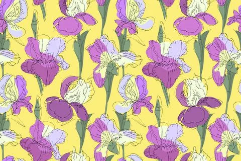 Art floral vector seamless pattern. Purple, violet, pale yellow irises with Stock Illustration