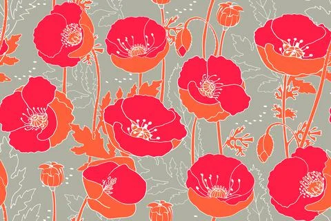 Art floral vector seamless pattern. Red poppies. Stock Illustration