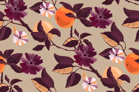 Art floral vector seamless pattern. Tangerine tree Stock Illustration
