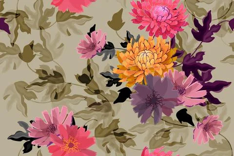 Art floral vector seamless pattern. Autumn flowers Stock Illustration