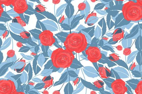 Art floral vector seamless pattern with red roses. Stock Illustration