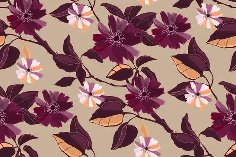 Art floral vector seamless pattern. Maroon flowers Stock Illustration