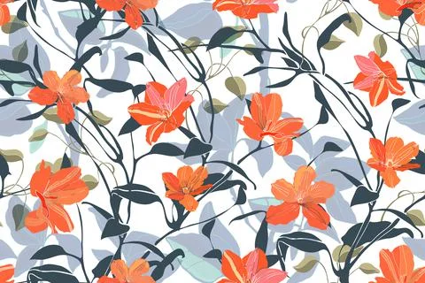 Art floral vector seamless pattern. Orange flowers Stock Illustration