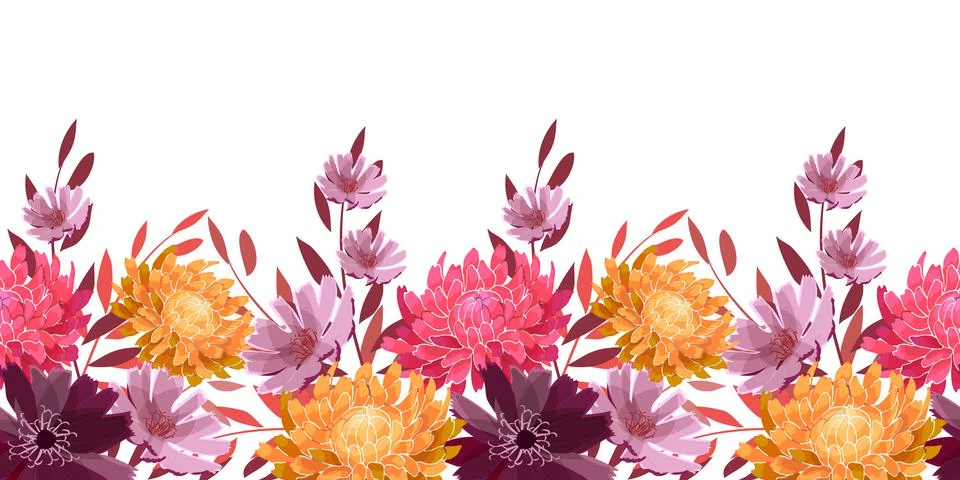 Art floral vector seamless pattern, border. Summer, autumn garden flowers, 스톡 일러스트