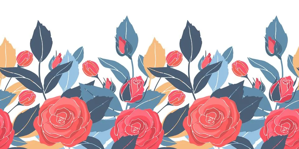 Art floral vector seamless pattern, border with red roses, yellow and blue 스톡 일러스트