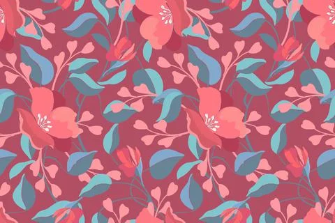 Art floral vector seamless pattern. Pink geranium, viola, blue leaves. Stock Illustration