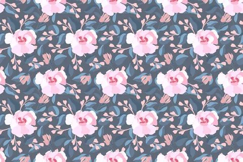 Art floral vector seamless pattern. Pink flowers, blue leaves. Stock Illustration