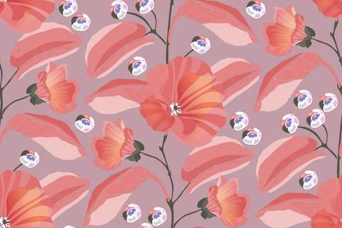 Art floral vector seamless pattern. Pink mallows, branches, leaves, blue berries Stock Illustration