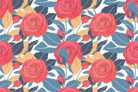 Art floral vector seamless pattern with red roses, yellow and blue leaves. Stock Illustration
