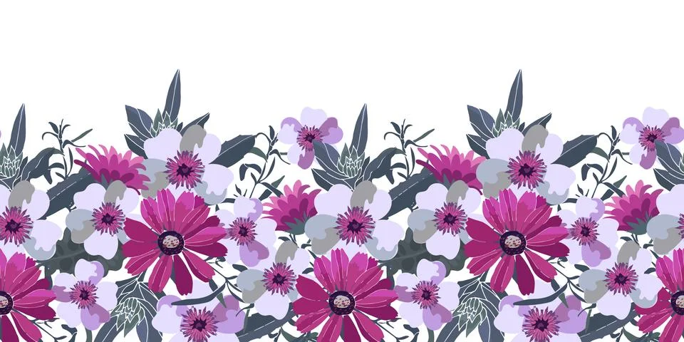 Art floral vector seamless pattern. Purple, pink, white flowers with green Stock Illustration