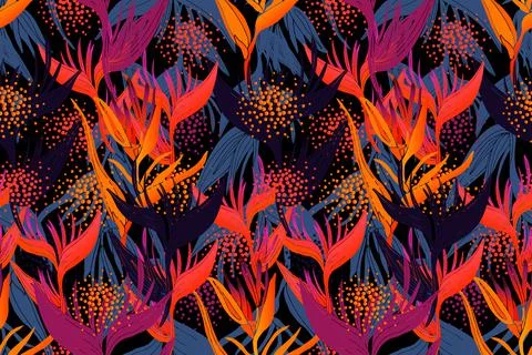 Art floral vector seamless pattern. Tropical red, blue, pink, purple, orange Stock Illustration