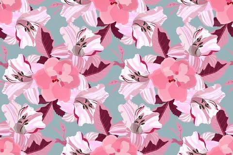 Art floral vector seamless pattern. Pink lilies. Stock Illustration