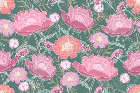 Art floral vector seamless pattern. Peony, tagetes. Stock Illustration
