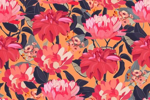 Art floral vector seamless pattern. Red flowers. Stock Illustration