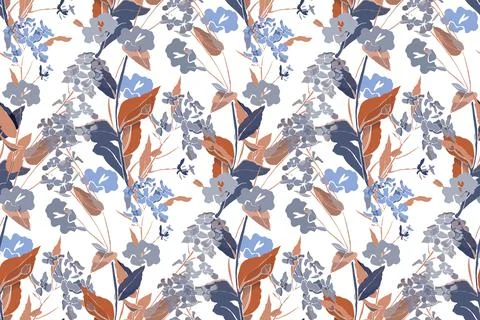 Art floral vector seamless pattern. Gentle meadow pale lilac, grey flowers. Stock Illustration