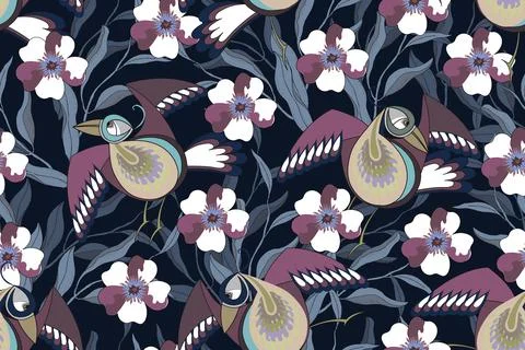Art floral vector seamless pattern with birds, flowers, branches with leaves. Stock Illustration