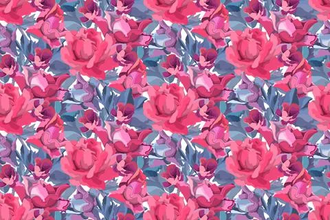 Art floral vector seamless pattern. Red, burgundy, maroon, purple garden rose Illustrazione stock