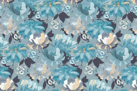 Art floral vector seamless pattern. Blue asters, dahlias, chrysanthemums Stock Illustration