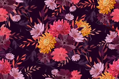 Art floral vector seamless pattern, autumn flowers Stock Illustration