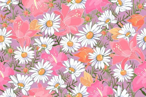 Art floral vector seamless pattern. Garden flowers isolated on pale violet Stock Illustration
