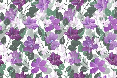 Art floral vector seamless pattern. Purple flowers Stock Illustration