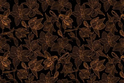 Art floral vector seamless pattern. Golden hippeastrum and lily flowers. Stock Illustration