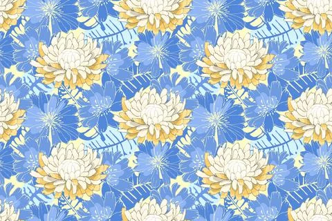 Art floral vector seamless pattern. Light yellow asters, blue succory Stock Illustration