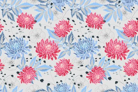 Art floral vector seamless pattern. Blue, pink asters and hollyhocks. Stock Illustration