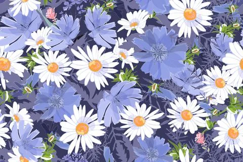Art floral vector seamless pattern with Daisies. Stock Illustration