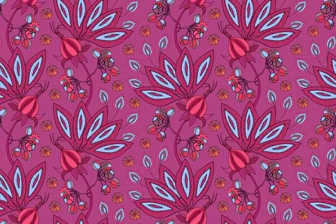 Art floral vector seamless pattern. Fabulous flowers, fruits and berries Stock Illustration