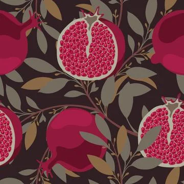 Art floral vector seamless pattern. Pomegranate tree with maroon fruits and Stock Illustration