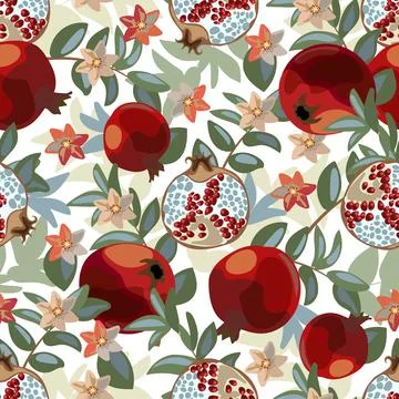 Art floral vector seamless pattern. Pomegranate tree with maroon fruits Stock Illustration
