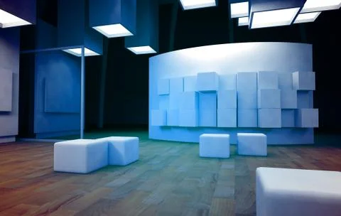 Art gallery with blank frames, modern building, conceptual architecture Ilustración de archivo