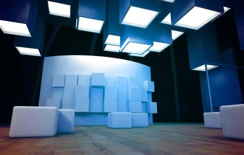 Art gallery with blank frames, modern building, conceptual architecture Ilustración de archivo