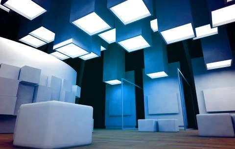 Art gallery with blank frames, modern building, conceptual architecture Ilustración de archivo