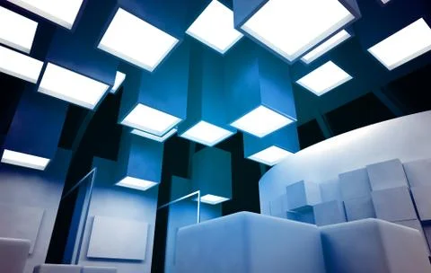 Art gallery with blank frames, modern building, conceptual architecture Ilustración de archivo