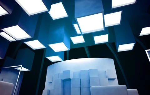 Art gallery with blank frames, modern building, conceptual architecture Ilustración de archivo