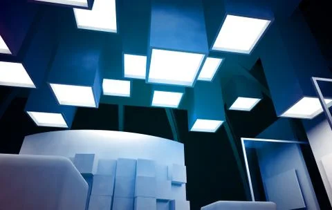 Art gallery with blank frames, modern building, conceptual architecture Ilustración de archivo