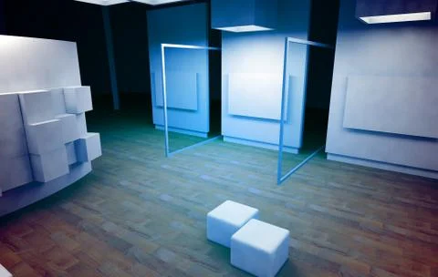 Art gallery with blank frames, modern building, conceptual architecture Ilustración de archivo