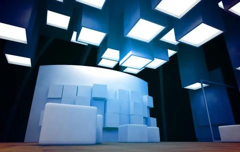 Art gallery with blank frames, modern building, conceptual architecture Ilustración de archivo