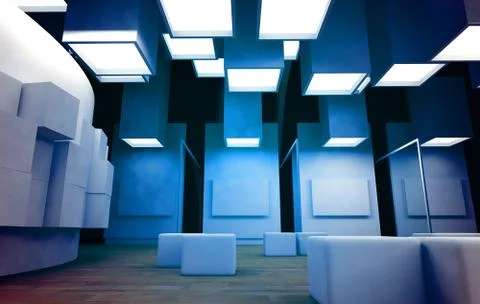 Art gallery with blank frames, modern building, conceptual architecture Ilustración de archivo