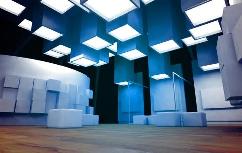 Art gallery with blank frames, modern building, conceptual architecture Ilustración de archivo