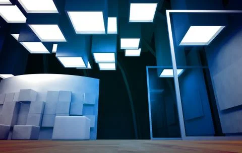 Art gallery with blank frames, modern building, conceptual architecture Ilustración de archivo
