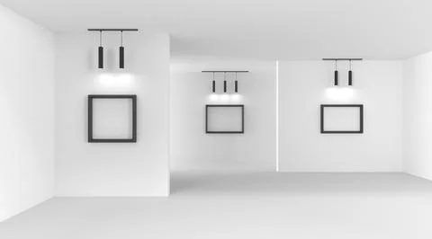 Art gallery, empty room interior with picture frames on white walls and Stock Illustration