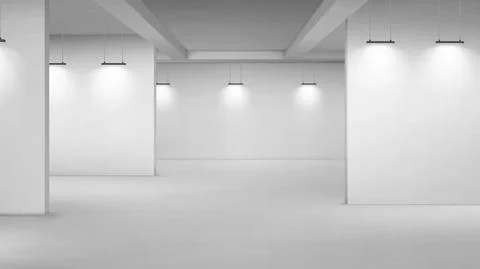 Art gallery empty room with white walls and lamps Stock Illustration