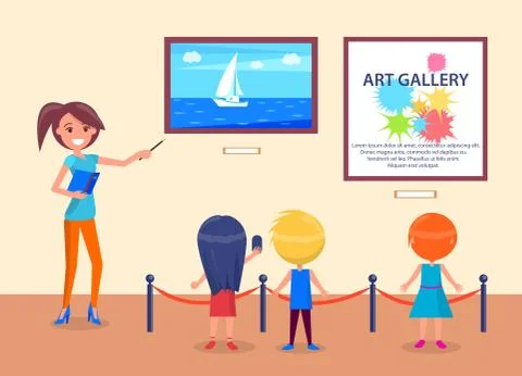 Art Gallery Excursion School Children with Guide Stock Illustration